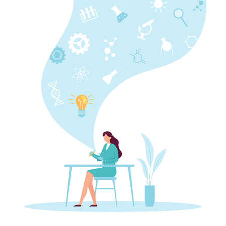 Science learning. Woman sitting at table in blue lab coat doing scientific experiments. Female character holding test tubes and flaskのイラスト素材