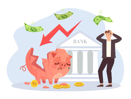 World financial crisis. Man in panic looking at broken piggy bank. Economy collapse and bankruptcy conceptのイラスト素材