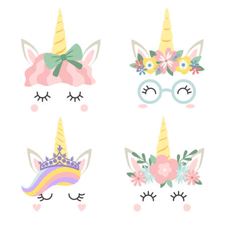Unicorn face with flowers wreath, girly masksのイラスト素材