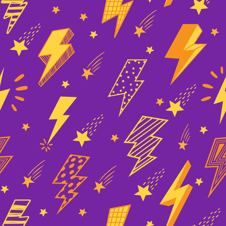 Lightning pattern. Seamless print with cartoon thunderbolt clipart elements of various shapes, electric power and thunder strike symbols. Vector textureのイラスト素材