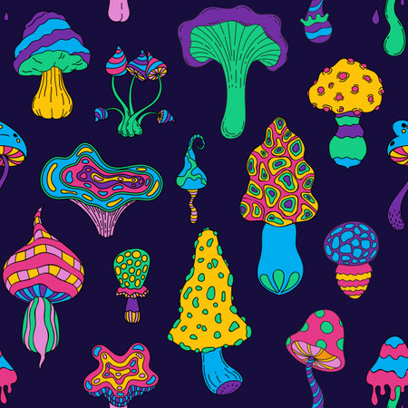Acid mushrooms pattern. Seamless print of psychedelic trip colorful amanita and toadstool mushrooms. Vector hippie magic textureのイラスト素材