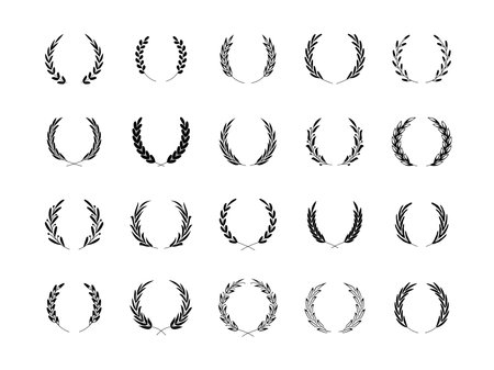 Laurel wreath. Round olive branch award diploma and certificate silhouette symbol, victory circle decorative emblem. Vector trophy and prize ornamental seal setのイラスト素材