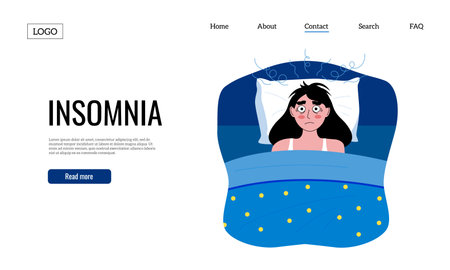 Insomnia landing. Web page template with awake girl character, sleepless night concept and sleep disorder website. Vector layout with tired personのイラスト素材