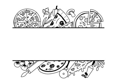 Doodle pizza frame. National Italian food ingredients border, pizza slice with tomato cheese mushrooms sketch. Vector menu promotion bannerのイラスト素材