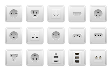 Realistic socket types. AC power wall socket mock up, USB hand drawnMI RG45 electric ports, European and American electricity sockets. Vector isolated setのイラスト素材