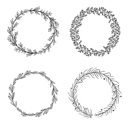 Circle leaf frames. Black round natural borders, floral wreath set isolated on white,. Botanical elements with foliageのイラスト素材