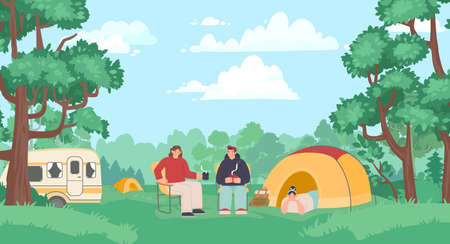 Scout kids. Female and male tourists sitting on chairs in nature and drinking tea. Woman lying in tentのイラスト素材