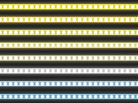White LED strip. Realistic white light decorative ribbon of different color temperature 3000 and 6500 Kelvin. Vector glowing diode tapes isolate setのイラスト素材