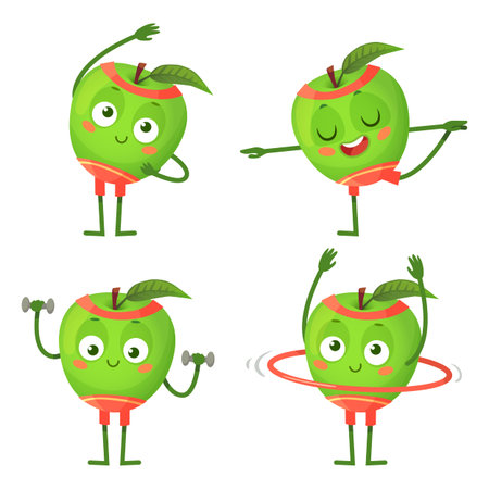 Cartoon apple character do fitness and sportのイラスト素材