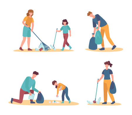 People collect trash and garbage, cleaning environmentのイラスト素材