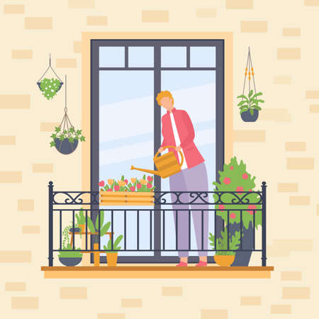 People take care home plants on balconyのイラスト素材