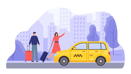 Woman try to catch taxi, riding serviceのイラスト素材