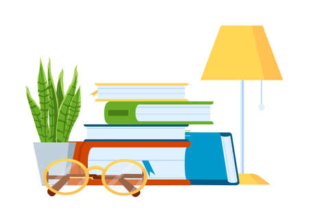 Reading literature stack, book table lamp and glassのイラスト素材