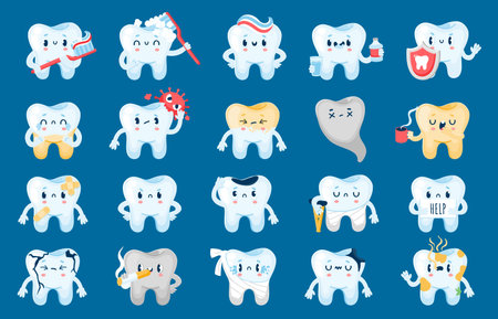 Good and bad tooth. Healthy cartoon characters and with dental problems, caries, infection and...