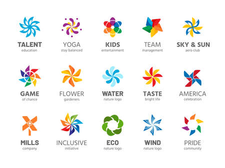 Pinwheel logo. Abstract rainbow color summer spinner symbol, wind propelled children summer toy isolated collection. Vector business logosのイラスト素材