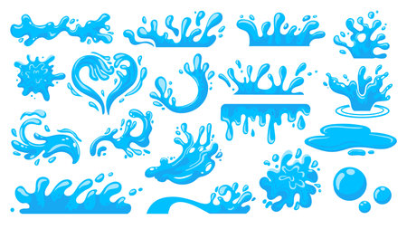 Water splash. Cartoon falling liquid drops, floating waves and stream, clean water concept, fluid motion concept. Vector water drop isolated collectionのイラスト素材