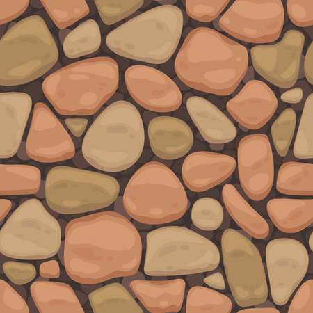 Cartoon paving street. Floor pavement tile, garden patio and road sidewalk paving plan, seamless pattern of cobblestone walkway. Vector textureのイラスト素材