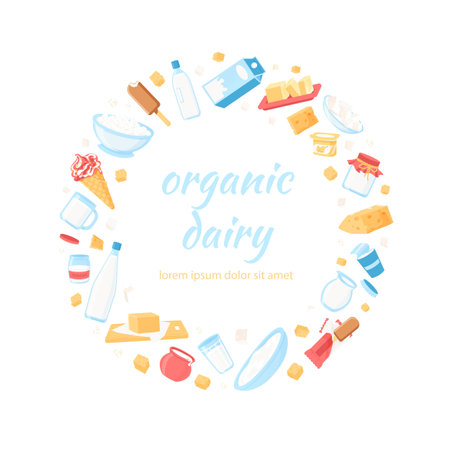 Milk food in circle. Cartoon dairy products placed in round shape, healthy organic food concept. Vector cheese yoghurt cottage cheese butter isolated setのイラスト素材