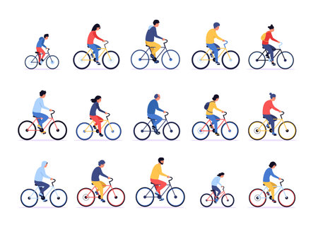 People on bicycle. Cartoon persons ride on bike, different sportsmen cycling together, man and woman with active lifestyle. Vector men and women bicyclers setのイラスト素材