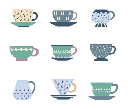 Ceramic kitchen teacup with cute decorative design. Porcelain tea service, mugs and saucer for drinkingのイラスト素材