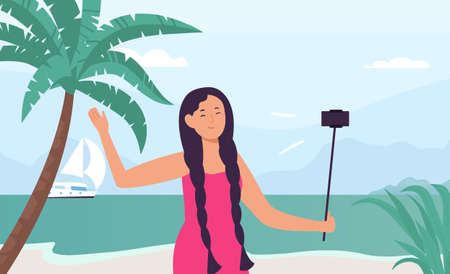 Girl blogger record travel hold phone on selfie stick. Female character having vacation on seasideのイラスト素材