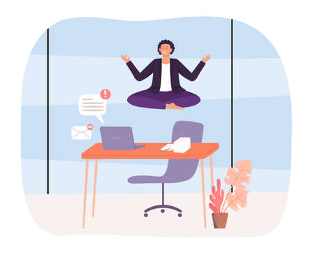 Office yoga. Employee sitting in lotus position. Worker levitating over desktop with laptop. Character receiving notificationsのイラスト素材