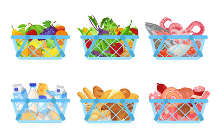Set of shopping baskets full of products as fruit, vegetables, seafood, diary and bakery products, meatのイラスト素材