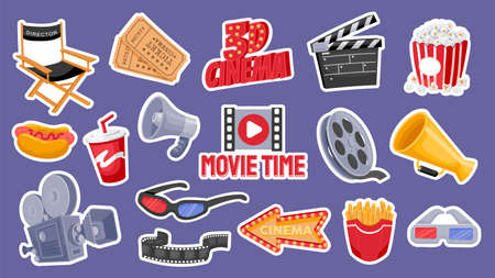 Cinema elements. Cartoon movie production and cinema theater 3D stickers of clapper popcorn camera tickets film bobbin. Vector motion picture icons isolated setのイラスト素材