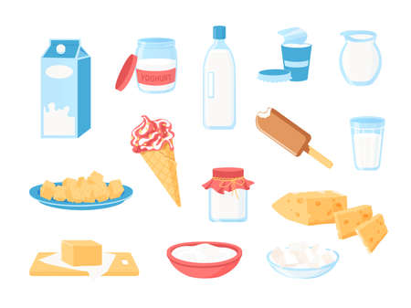 Milk products. Cartoon dairy farm food, organic cheese creams ice cream butter yogurt in glass bottle and plastic packaging. Vector healthy food with calcium isolated setのイラスト素材