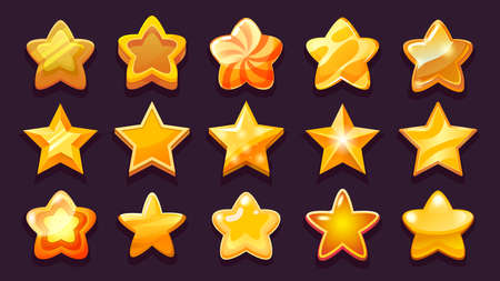 Game UI star. Golden bronze copper gaming win stars of various forms, 2D game asset of shining glossy achievement sign collection. Vector cute interface elements setのイラスト素材