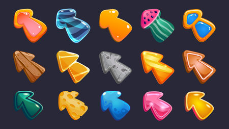 Cartoon game cursors. Click arrows and pointer interface icons of different shapes and materials....