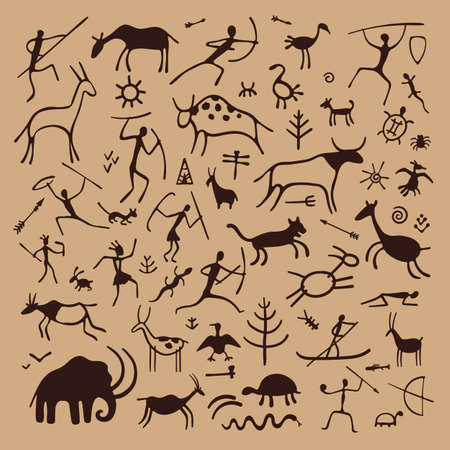 Rock painting. Primitive ancient caveman sketch, prehistoric symbols of hunters animals plants and ornaments on stone wall. Vector petroglyph prehistoric drawingのイラスト素材