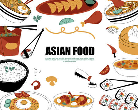 Asian food framing. Doodle traditional meal with spices and sauces, bowl with noodles and soup, sushi on plate, soy sauce. Vector Chinese and Japanese food bannerのイラスト素材