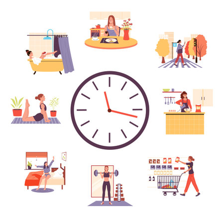 Woman routine on clock. Cartoon girl activities during daytime, female busy lifestyle schedule. Vector sleep work rest and hobby scenes illustrationのイラスト素材