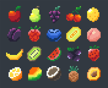 Pixel fruits. Cartoon 2D game sprite asset with apple banana mango citrus pineapple cherry, 8-bit collection of fruit signs for game development. Vector setのイラスト素材