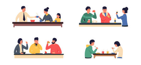 People eating at table. Cartoon friends and couples have breakfast lunch dinner and spending time together. Vector family holiday dinner illustrationのイラスト素材