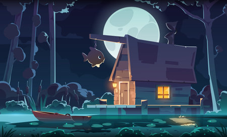 Night swamp fantasy background. Cartoon forest with wooden cabin standing on marsh, mystic swamp landscape with witch house. Vector game art illustrationのイラスト素材