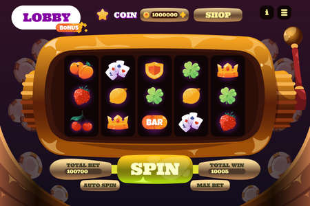 Slot machine game. Cartoon online casino web app UI, gamble game screen with interface elements and cartoon colorful shiny icons and buttons. Vector layoutのイラスト素材