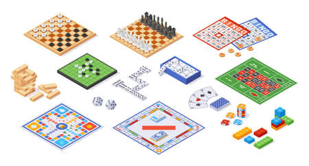 Board game collection. Cartoon funny strategy miniature games for family leisure and recreation, lotto bingo and dice table gaming. Vector isolated setのイラスト素材