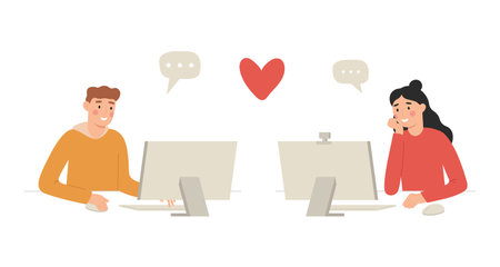 Online dating couple, man and woman chattingのイラスト素材