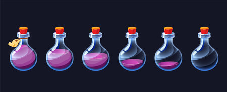 Empty potion flask. Cartoon game elixir usage sequence icon asset, colorful magic potion animation frames kit. Vector poison and antidote pictograms setのイラスト素材