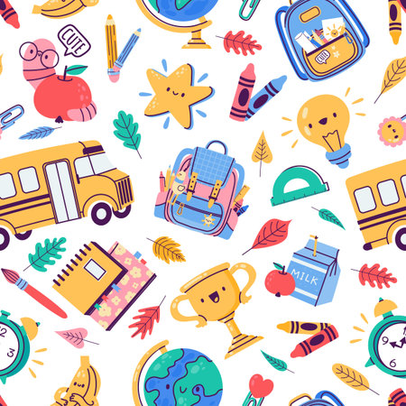 School badges pattern. Seamless print of education stationery supplies, cute colorful weekly planner book stickers. Vector texture illustrationのイラスト素材