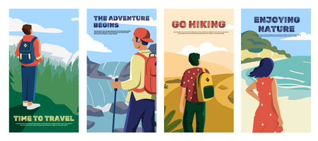Travel and hiking posters. Cartoon people enjoying nature and look in the sky, adventurers and travelers in wild nature. Vector touristic flyers collectionのイラスト素材