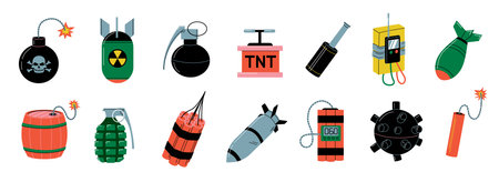 Bomb collection. Cartoon TNT explosive weapon, bombs dynamite grenade missile mine and nuclear bomb doodle game asset. Vector doodle weapon setのイラスト素材