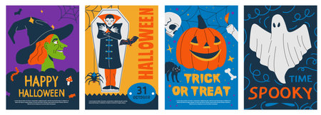 Halloween posters. Abstract art prints scary traditional symbols and text, autumn costume party flyer greeting card design. Vector isolated collectionのイラスト素材