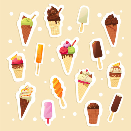 Ice cream stickers. Cartoon cute isolated badges of cold sweet summer desserts, colorful kids emblems and paper sticker collection. Vector setのイラスト素材