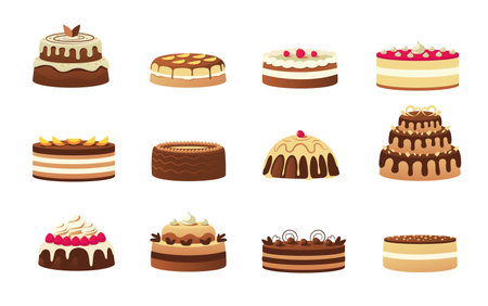 Cartoon cakes. Colorful birthday sweet dessert with cream glaze fruits and biscuits, holiday party and celebration chocolate cakes. Vector isolated setのイラスト素材