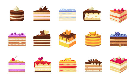 Cartoon piece of cake. Various colorful cake slices, cage and restaurant sweet dessert with cream glaze fruits and biscuits. Vector pastry pieces setのイラスト素材