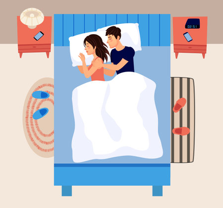 Couple of people sleeping in bed. Female and male characters lying under blanket together. Family dreamingのイラスト素材