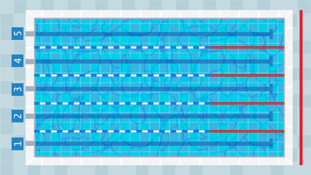 Swimming pool. Sport competition swim deep bath lanes top view, cartoon training public fitness basin water texture, healthy lifestyle concept. Vector illustrationのイラスト素材